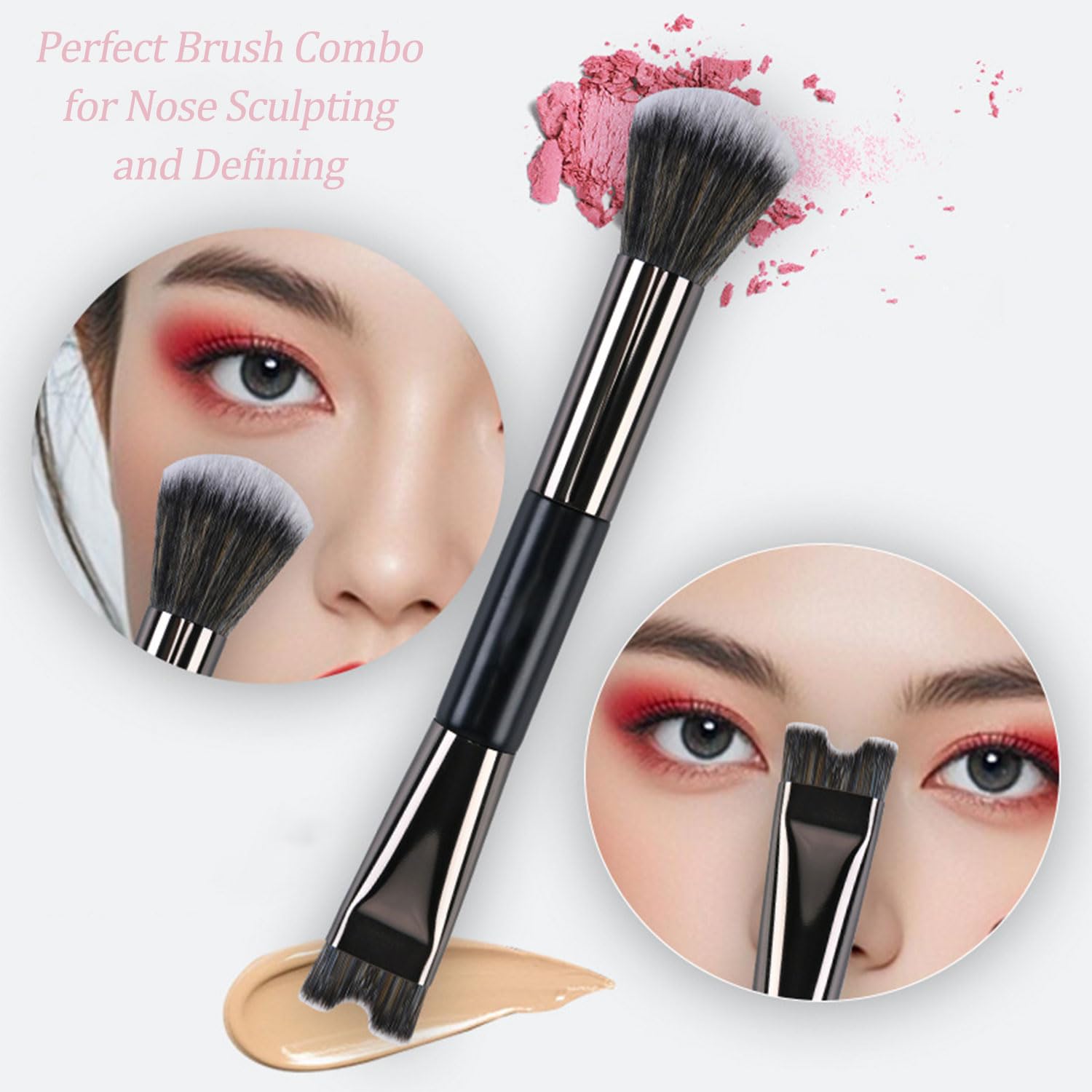 2 brochas de contorno de nariz, brochas de contorno en forma de U para maquillaje, cepillo esponjoso multifuncional de doble extremo, cepillo corrector plano suave en ángulo para mujeres y niñas