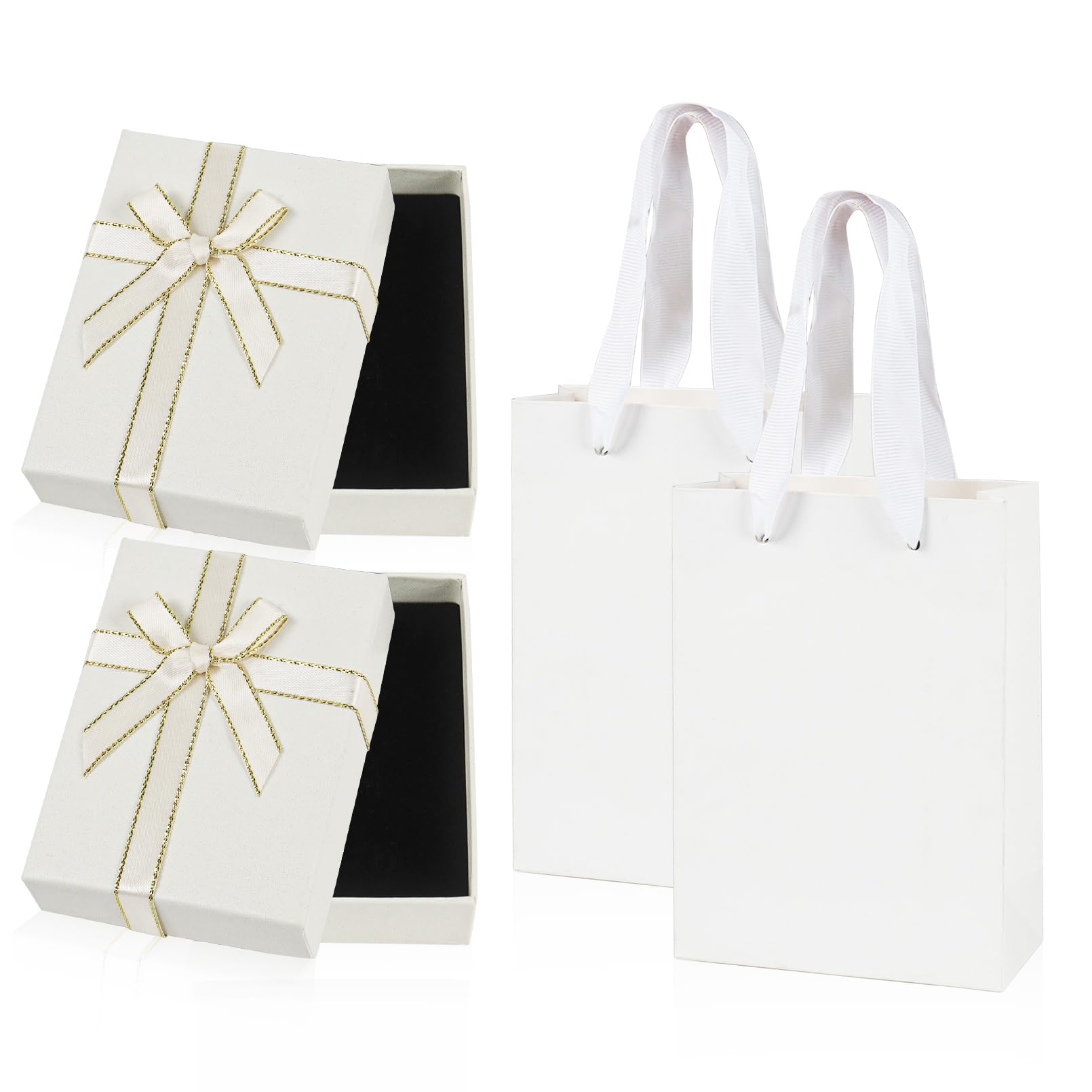 Nwvuop 2 Stück Schmuck Geschenkbox mit Geschenktüten, 9× 7× 3 cm kleine Geschenkbox mit Deckel Ohrring Ring Halskette Geschenk-Box Schmuckschachtel(Beige)