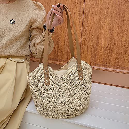 Image of Hand-woven Soft Large Straw Shoulder Bag Retro Boho Tote Bags Summer Beach Bag Rattan Handbag