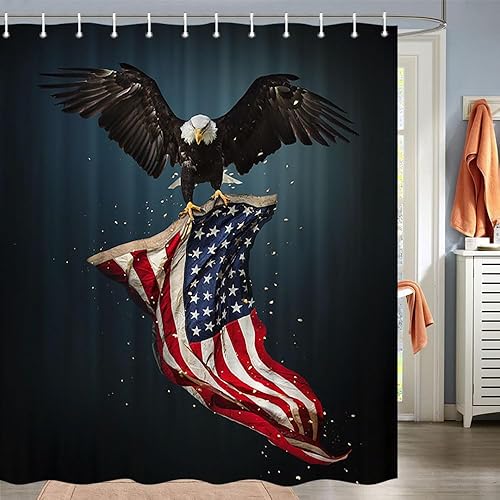 Vista 26 de Cortina de ducha con la bandera estadounidense, 4 de julio, Día de la Independencia del Águila Calva, Estados Unidos, cortina patriótica con Azul