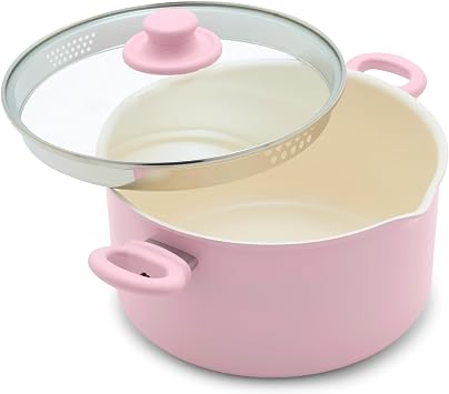 GreenLife 6QT Ceramic Nonstick Stockpot with Glass Straining Lid, PFAS-Free, Dishwasher Safe, Stay-Cool Handles, Oven Safe to 350F, Wobble-Free Base, Even Heating, Pink