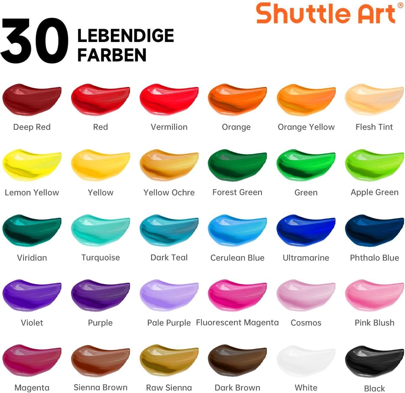 Shuttle Art 48 teiliges Acrylfarben Set, 30 Acryl Farben in Tuben(je 36ml) mit 10 Pinselset, 5 Leinwänden, 1 Spachtel, 1 Palette, 1 Schwamm, Künstlerqualität, für Glas, Stein, Tontöpfe, Holz geeignet