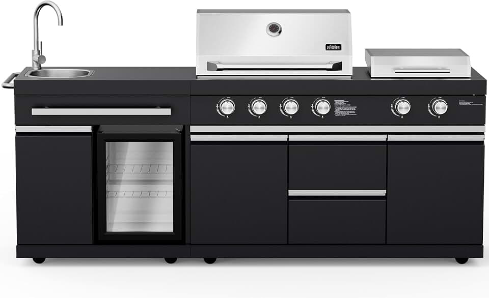 Outdoor Kitchen Gas Grill and Griddle Combo, 65,000 BTU 4+2 Burner BBQ Grill with 675 Sq. In. Cooking Area, Stainless Steel Grill Grates & Griddle, Built-In Sink, Refrigerator, Cabinets