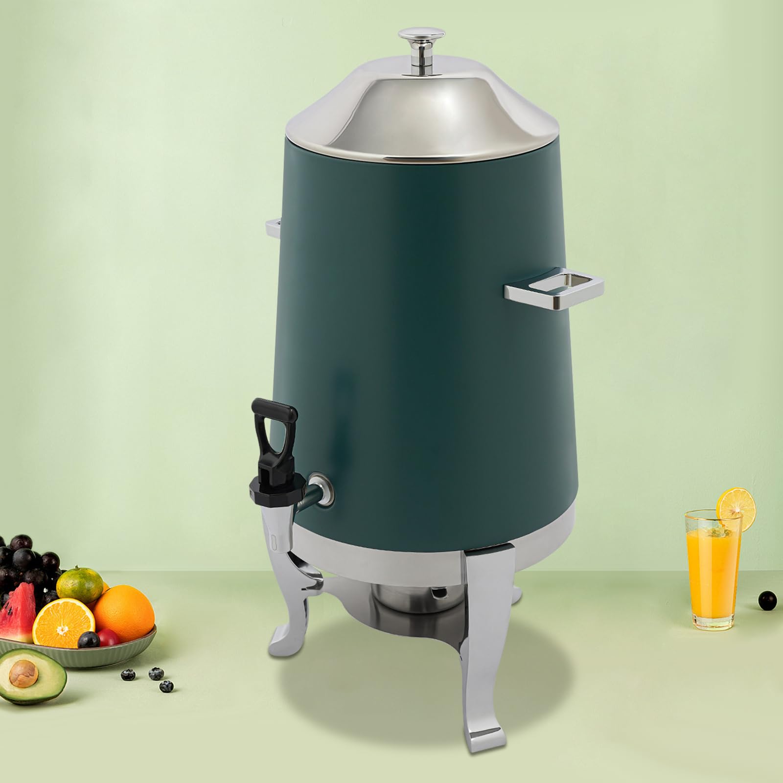 Chafer Urn, Coffee Urn With Fuel Holder And Spigot, 3.4 Gallon Stainless Steel Hot Beverage Drink Dispenser Can For Milk Tea Water Juice Parties Event Buffet Catering Silver, Green
