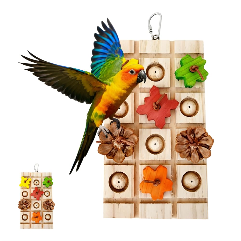 Bird Foraging Puzzle, Wooden Parrot Grinding Platform with Pine Cones, Interactive Birds Enrichment Puzzle for Small-Medium Parrots & Small Animals