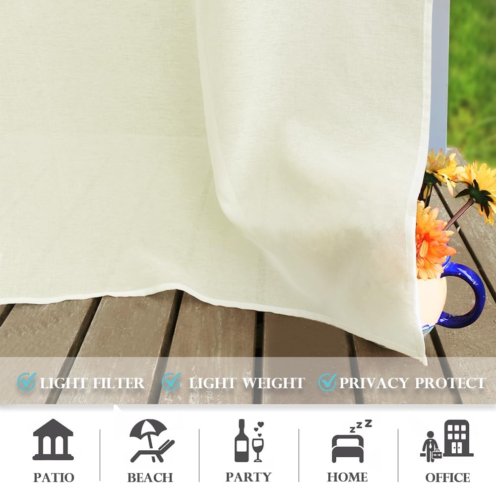 RYB HOME Outdoor Sheer Curtains for Patio Waterproof, 2 Panels Sheer Curtains for Porch, Gazebo, Pergola, Light-Filtering Indoor for Living Room Bedroom, W54 x L84, 2 Panels, Light Beige