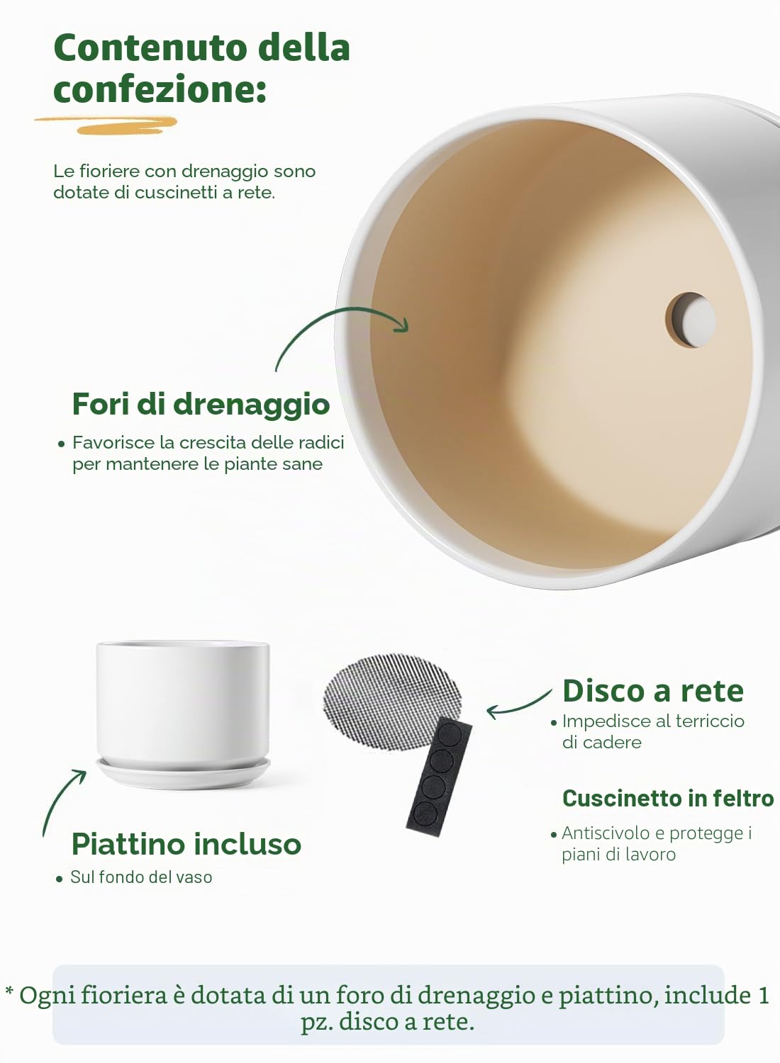 LE TAUCI Vaso per Piante da 30 cm, Vaso con Sottovaso Integrato e Foro di Drenaggio, Vaso in Ceramica Grande, Moderno e Resistente per Casa o Ufficio, Bianco Smalto Opaco