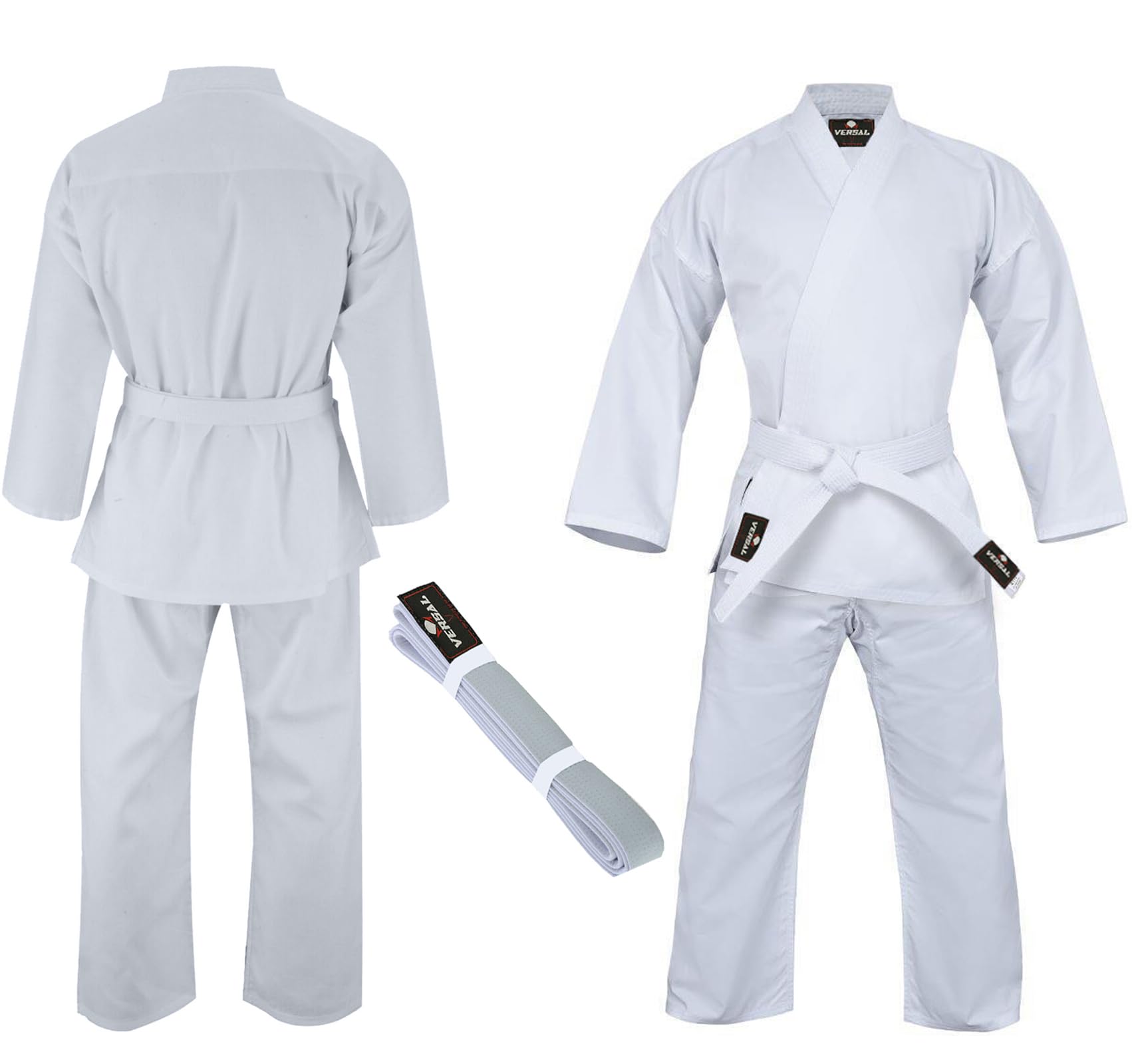 VERSAL Karate Gi - Uniforme de karate para niños y adultos, traje de karate blanco para estudiantes, 8 onzas, ligero, polialgodón, artes marciales, entrenamiento, taekwondo, uniforme con cinturón