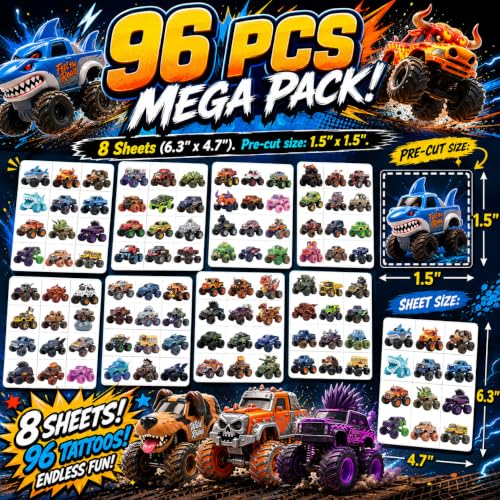 Image of Monster Truck Temporary Tattoos for Kids - 96 Pcs Pre-Cut 3D Cute | Art Style Tattoos, 8 Sheets Dinosaur & Shark Truck Stickers for Boys Birthday Party Favors, Goodie Bag Stuffers, Rewards
