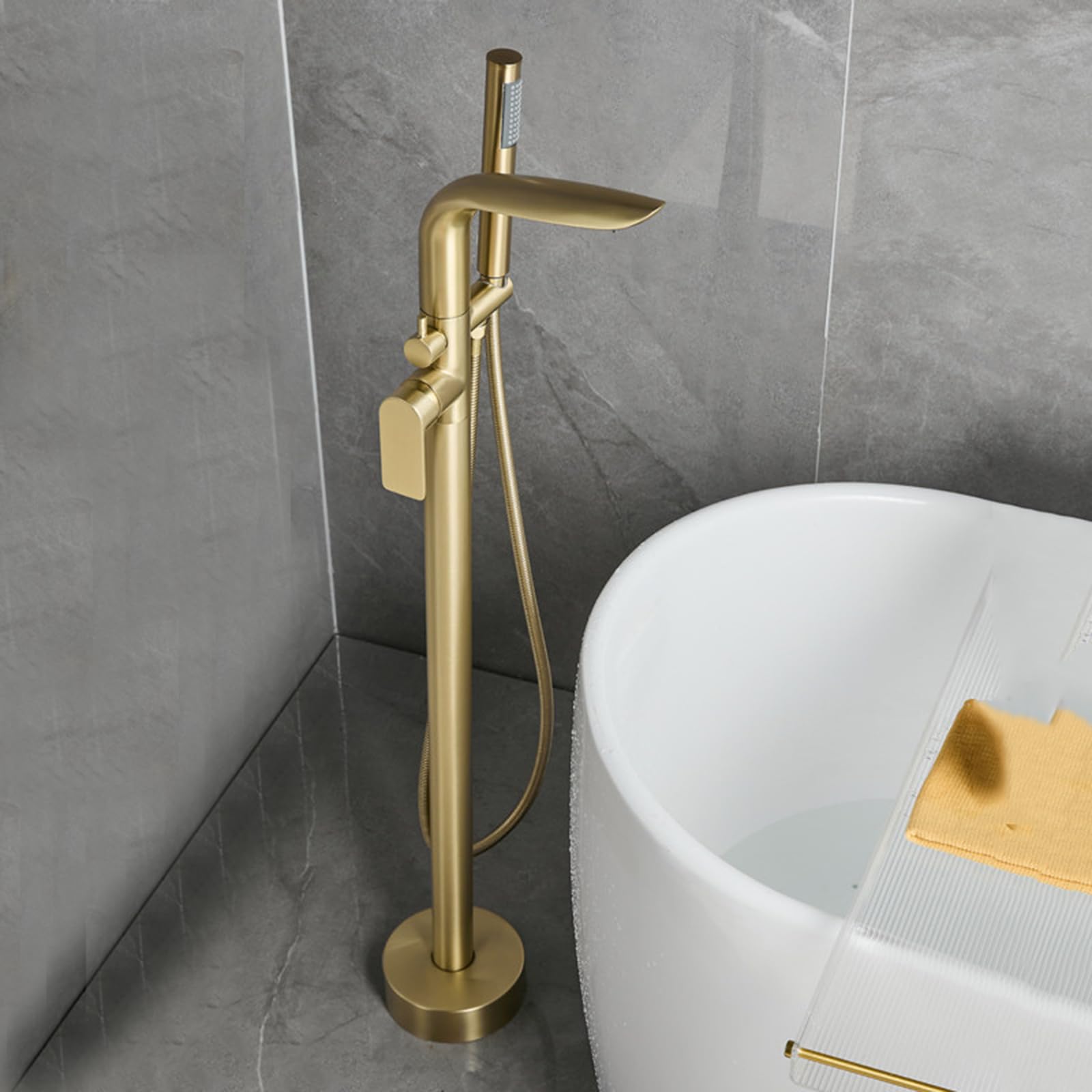 BiaoTeng Grifo de Pie Para Bañera Exenta con Cascada Oro Cepillado Laton