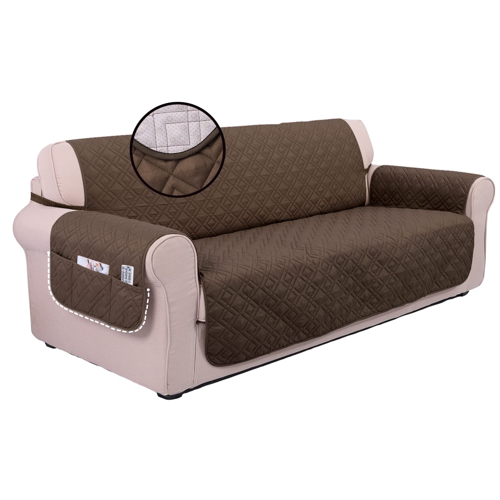 U-NICE HOME Anti-Slip Sofa Covers Couch Cover with Pockets on Both Sides, Anti-Skid, Water Resistant, Elastic Straps Quilted Couch Cover for 3 Cushion Couch Sofa Couch Cover for Dogs (Sofa, Coffee)