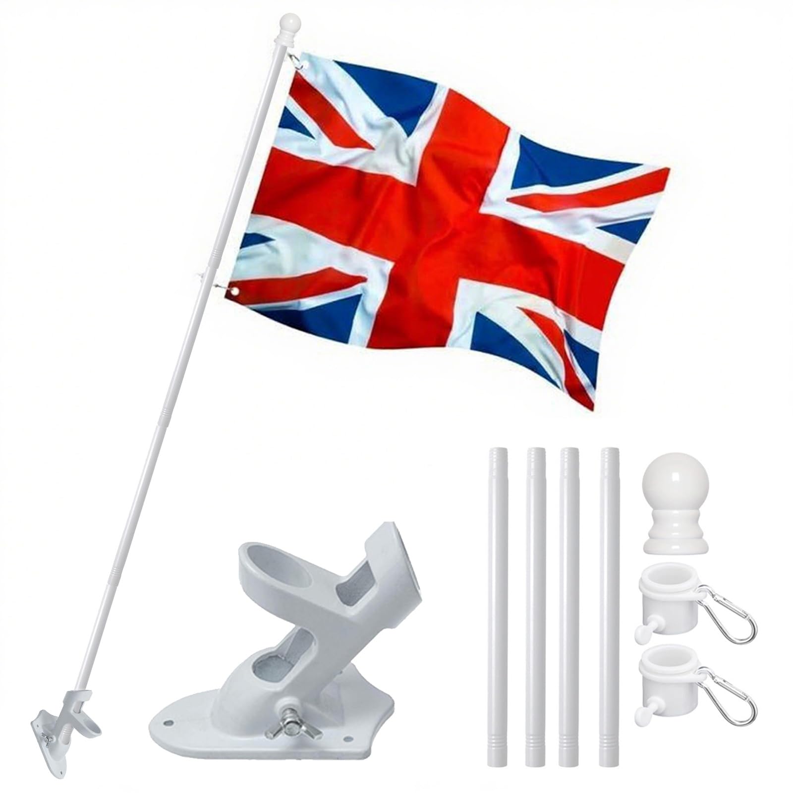 Union Jack Flags 5ft x 3ft, Large British National Flag with Metal Eyelets, Durable Polyester UK Flag for Outdoor Events, Parties & Patriotic Displays (Flags + 5FT White FlagPole + Mounting Bracket)