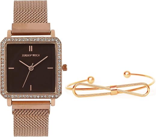 Joker &amp; Witch Stainless Steel Women Angelique Rosegold Analog Watch Bracelet Stack, Brown Dial, Rose Gold Band