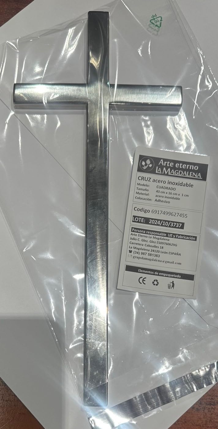 Marmoleria La Magdalena Cruz de acero inoxidable Adhesiva, apta para lápidas y columbarios de cementerio. (35 cm)