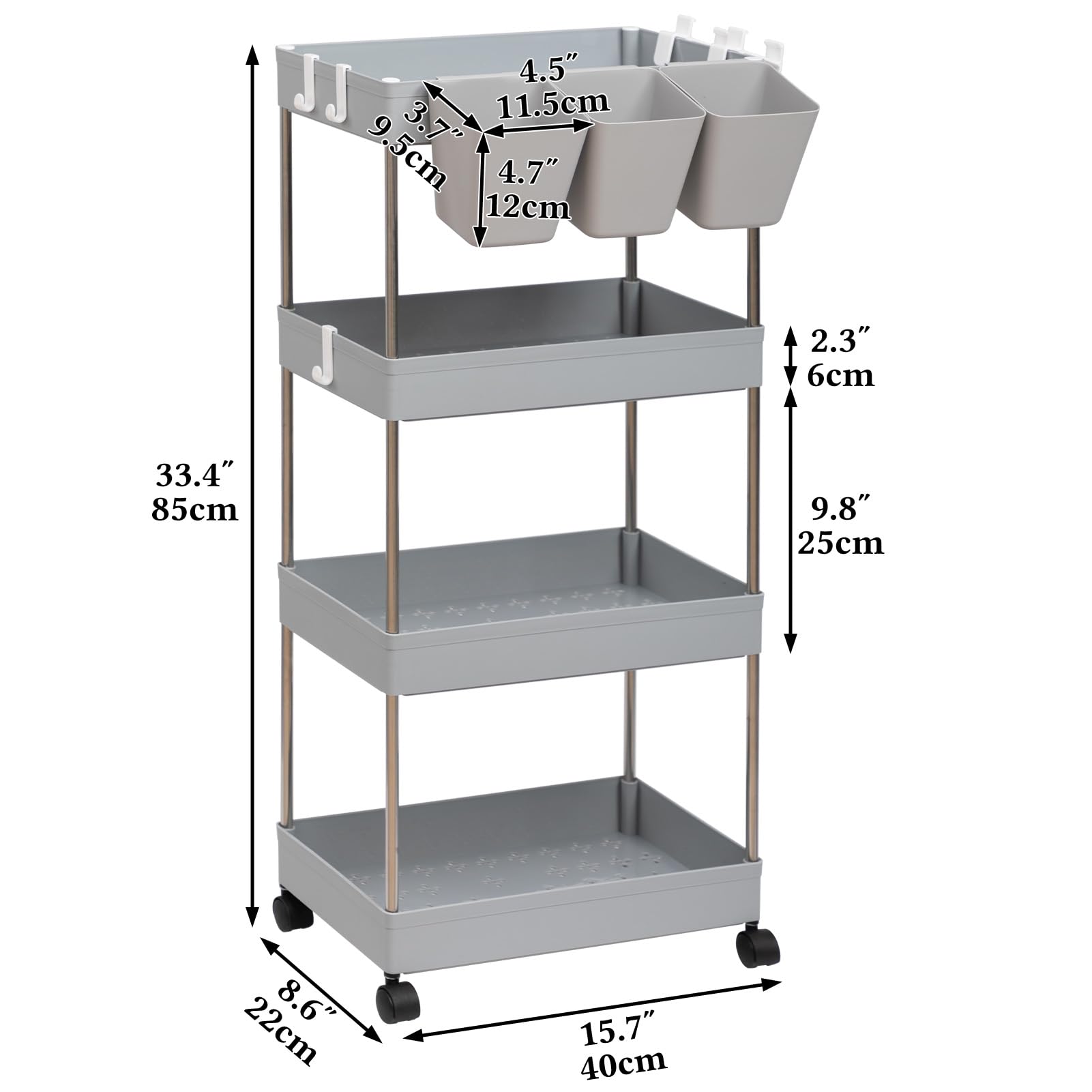 DOEWORKS Carrelli Portaoggetti con Tazze Appese Carrello Cucina a 4 Ripiani, Organizer Carrello Scaffale con Ruote per Cucina Bagno Ufficio, Grigio