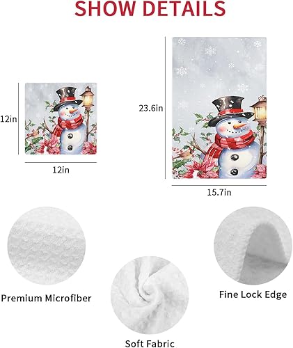 Miniatura 7 de Kitchen Towel 2 Packs Cotton Waffle Weave, Red Poinsettia Flower Berries Snowman Christmas Grey 16 x 24 Inch Absorbent Quick Drying Dish Towels