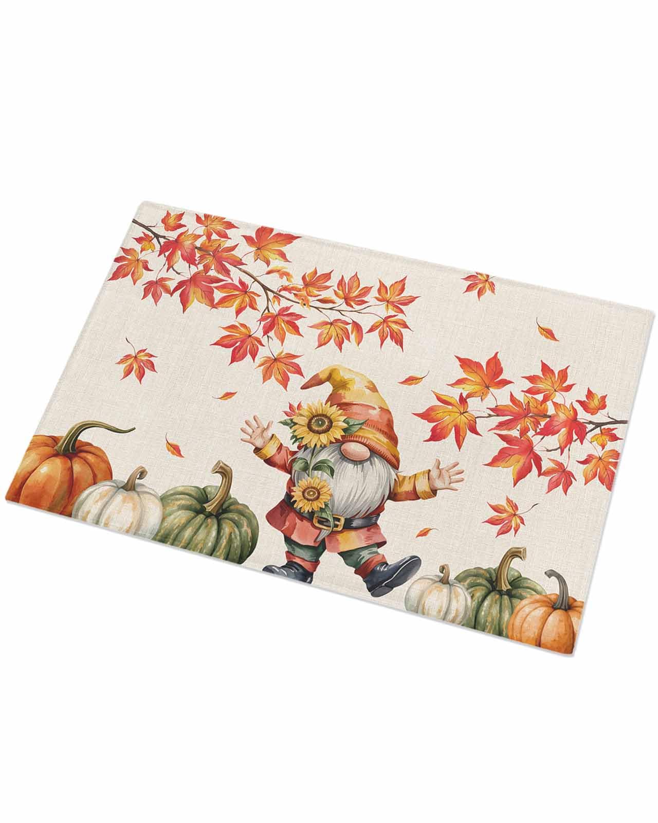 Indoor Doormat Autumn Gnome Maple Leaf Pumpkin,Shaggy Floor Mat with Non-Skid Backing Thanksgiving Harvest on Linen,Machine Washable Plush Area Rug Carpets for Kitchen Nursery Bedroom