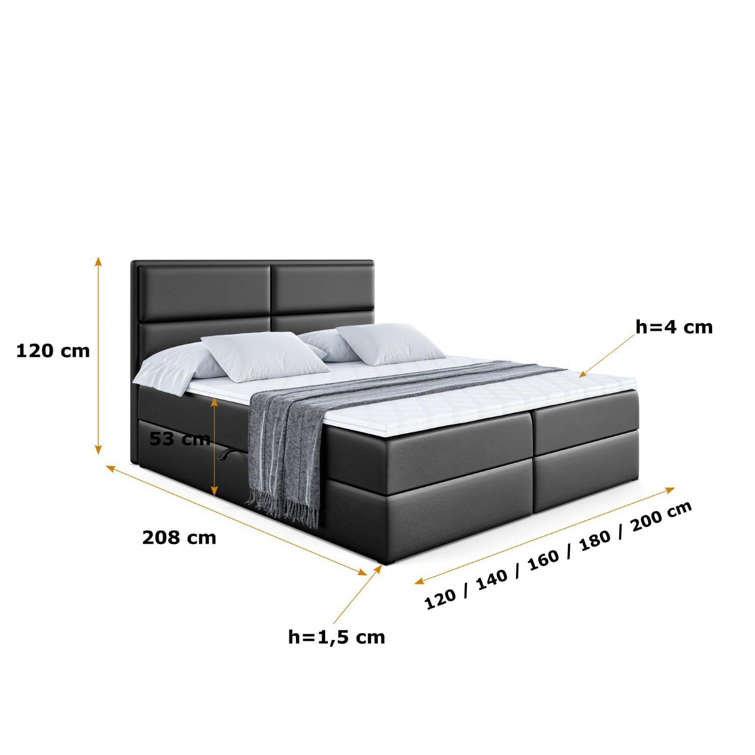 ALTDECOR Boxspringbett mit H3-Matratze Aura - 180x200 - Schwarz | Lattenrost, Topper, Boxspringbett mit Bettkasten, Bett mit Stauraum, Doppelbett, Polsterbett