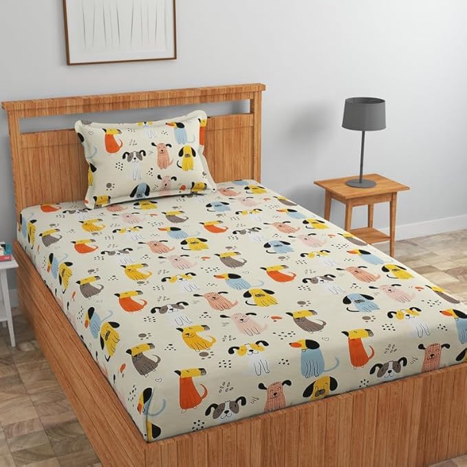 Image of RD FABS Glace Cotton Wrinkle Free Soft Hypoallergenic Single Bed Sheet with 1 Pillow Cover | Cartoon Printed Kids Bedsheet for Boys & Girls Room | 60x90 Inches | Beige Dog Print | 144 TC