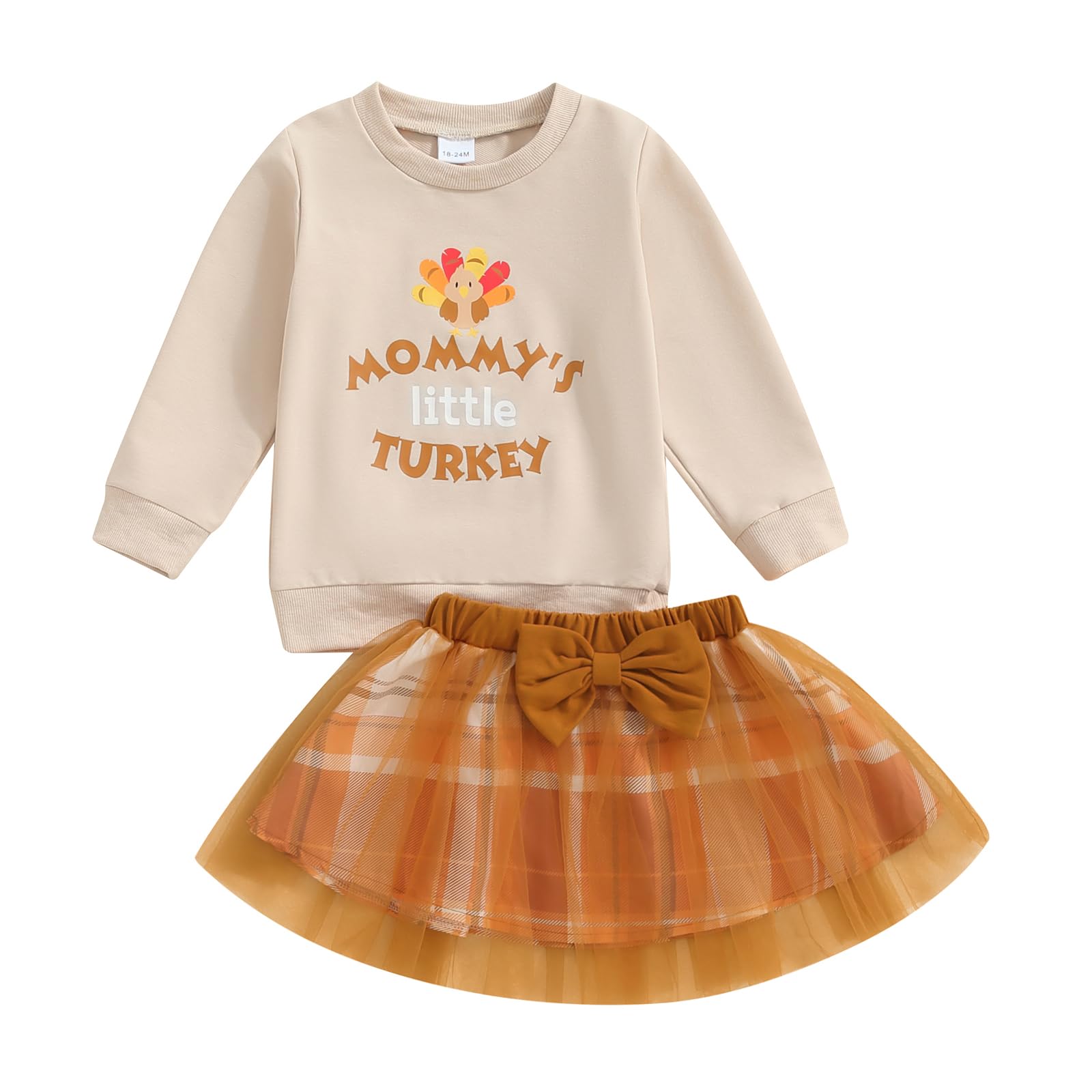 JLKGICF Toddler Baby Girl Thanksgiving Outfit Letter Print Crewneck Sweatshirt Plaid Tutu Tulle Skirts Fall Winter Clothes (Apricot Mommys Turkey, 3-4T)