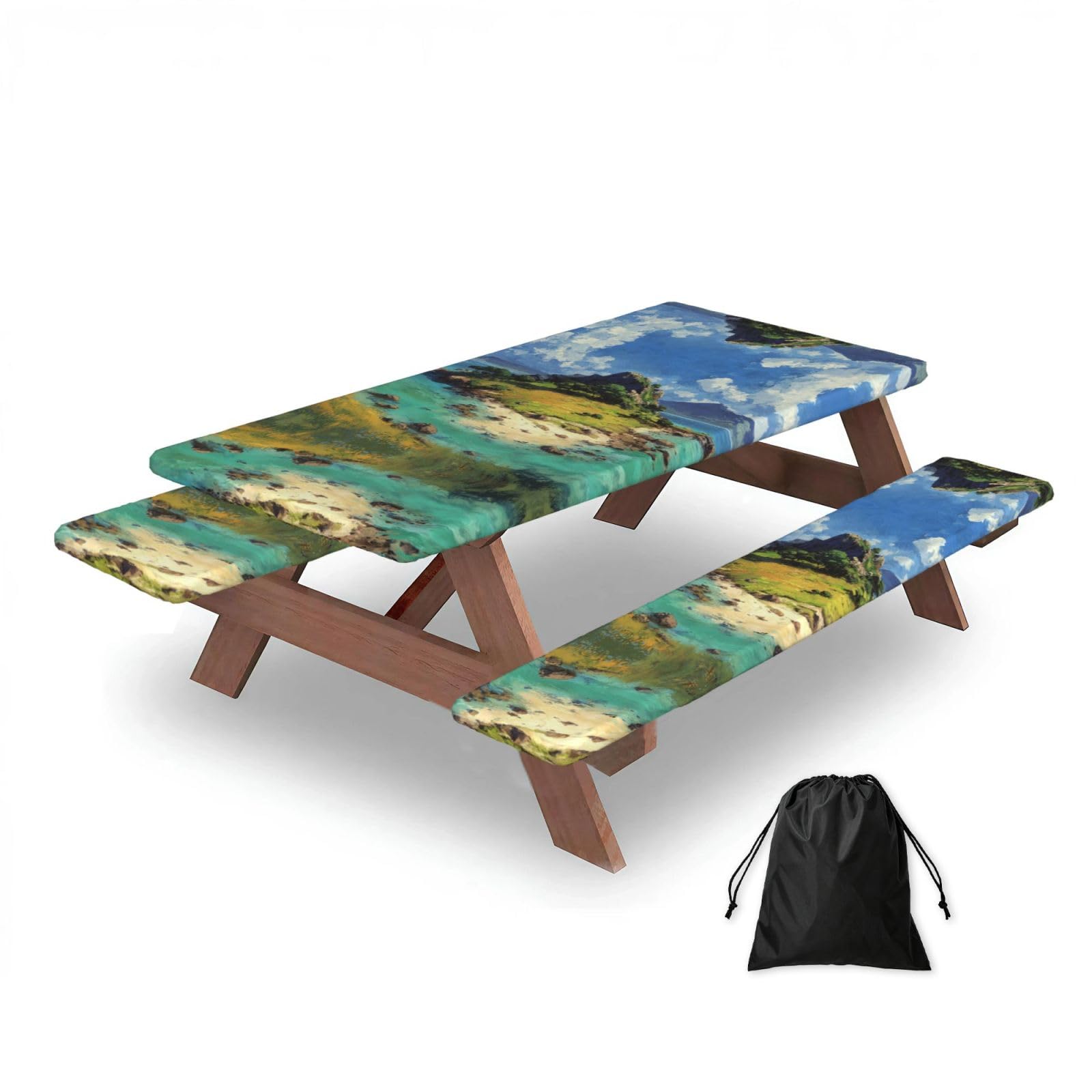 ESNAIUVCD Island Scenery Print Picnic Table Cover With Bench Covers,Camping Essentials,Fitted Tablecloth Cover With Elastic Edge, For Indoor & Outdoor 3 Pcs
