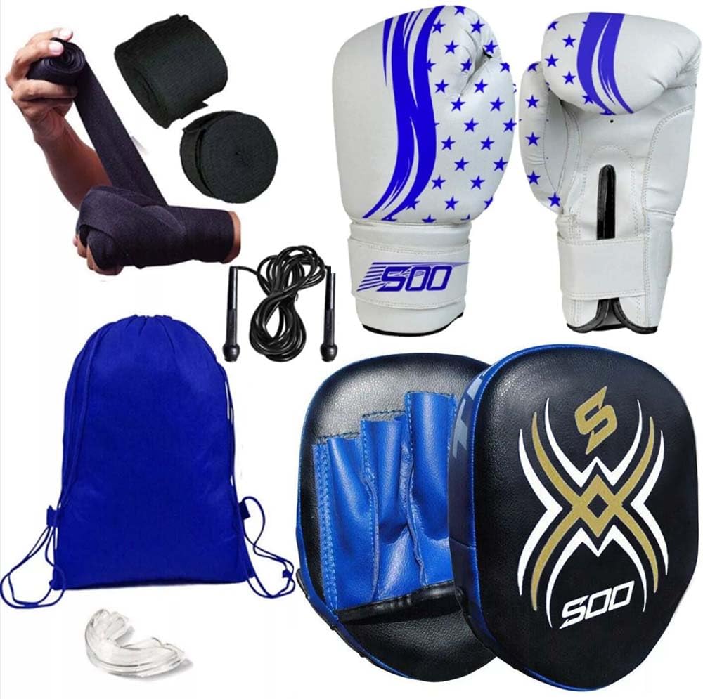 Kids & Youth Boxing Gloves and Focus Pads Set Children Hook & Jab Target Mitts Punching Sparring Training Gloves for Junior Hand Target MMA, Muay Thai, Kickboxing, Karate Set (Blue)
