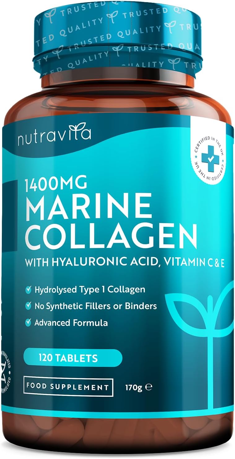 Marine Collagen + Hyaluronic Acid 1400mg with Vitamin C, Vitamin E, Biotin Zinc and Copper – 120 Tablets for 2 Months, Collagen and Hyaluronic Acid for Skin Hydration Nutravita Marine Collagen + Hyaluronic Acid 1400mg with Vitamin C, Vitamin E, Biotin Zinc and Copper – 120 Tablets for 2 Months, Collagen and Hyaluronic Acid for Skin Hydration Nutravita