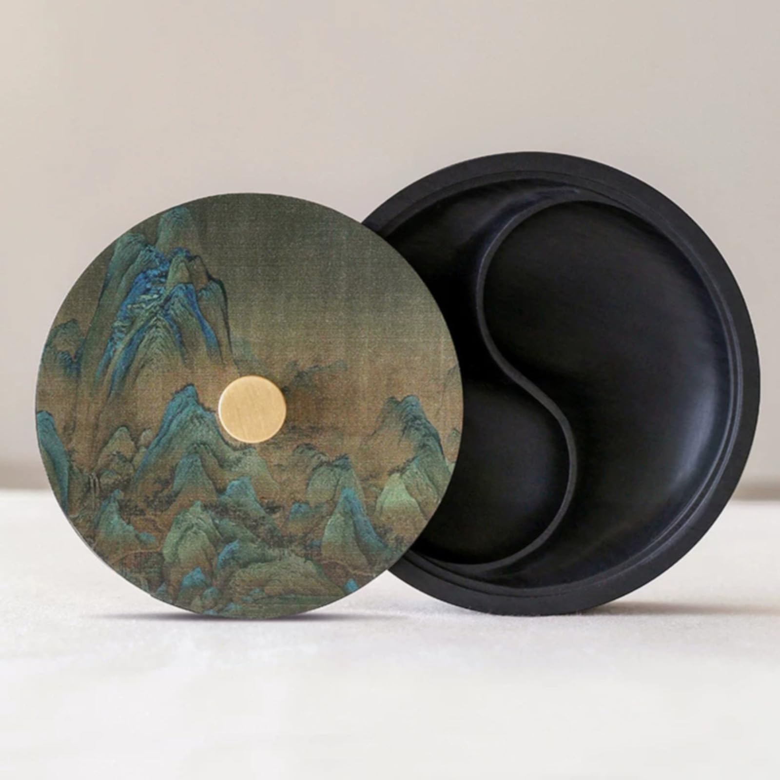 Fiumi e montagne per miglia con coperchio, 10,4 cm, decorazione per calligrafia Tai Chi Inkstone