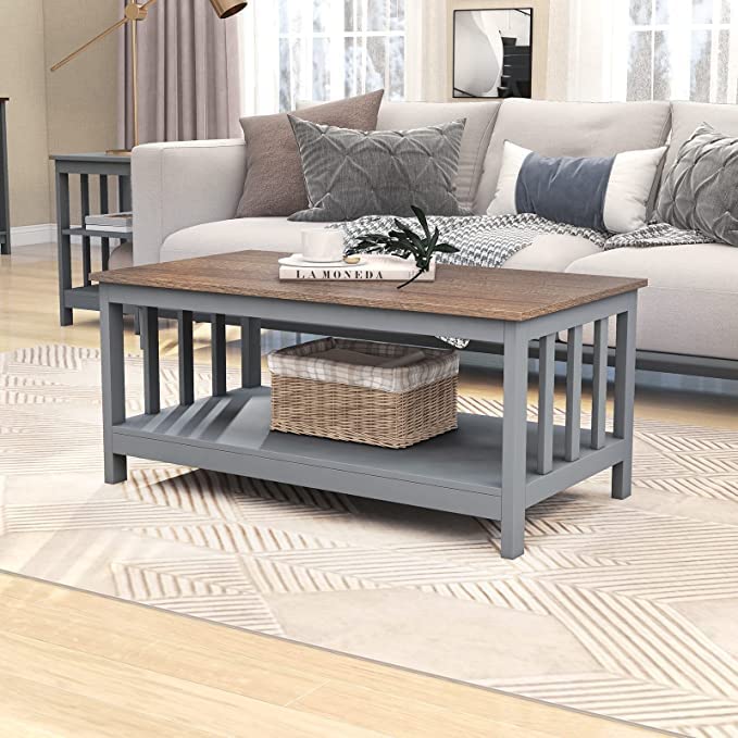Farmhouse Coffee Table, Grey Living Room Table with Shelf, 40 Inch