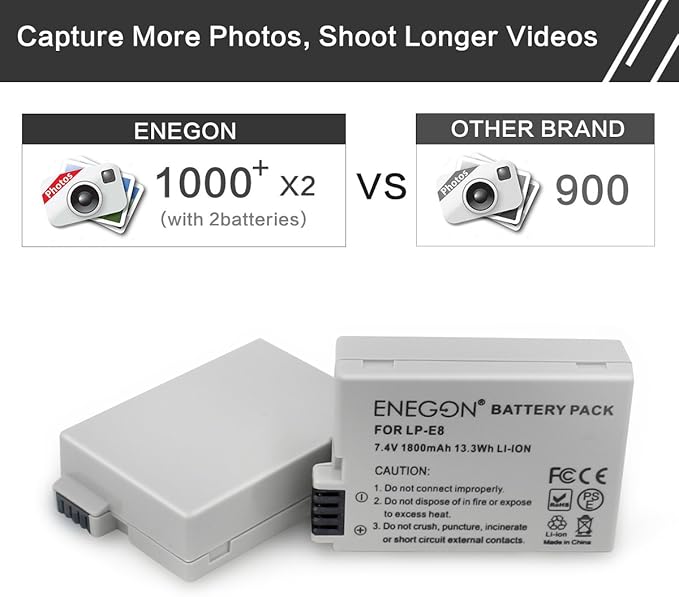 ENEGON LP-E8 Replacement Battery (2 Pack) and Rapid Dual Charger for Canon LP-E8 and Canon EOS Rebel T2i, T3i, T4i, T5i, EOS 550D, 600D, 650D, 700D, Kiss X4, X5, X6, LC-E8E Digital Camera