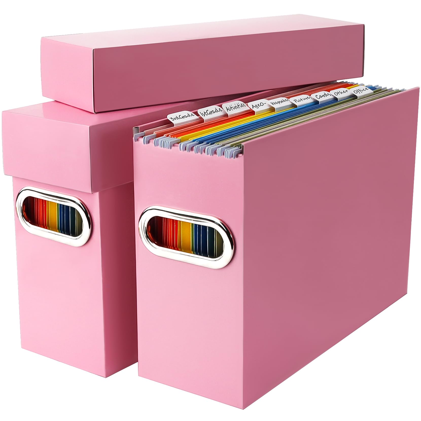 File Organizer Box with Lid & Handle, Heavy Duty Hanging File Folder Storage Boxes for Letter Size, Portable Filing Organizer for Office, Home, Classroom, Pink 2 Pack