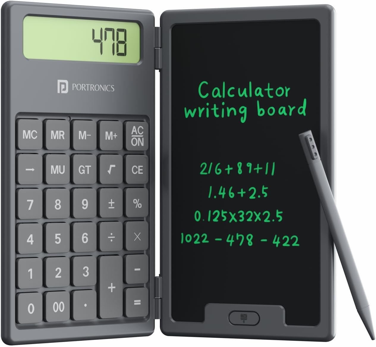 Portronics Ruffpad Calc 2-in-1 Calculator & LCD Writing Pad with 6.5 Inches Tablet, 12 Digits, Foldable Design, Stylus Pen for Students, Birthday Gift, Kids Toys, School, Office (Black)