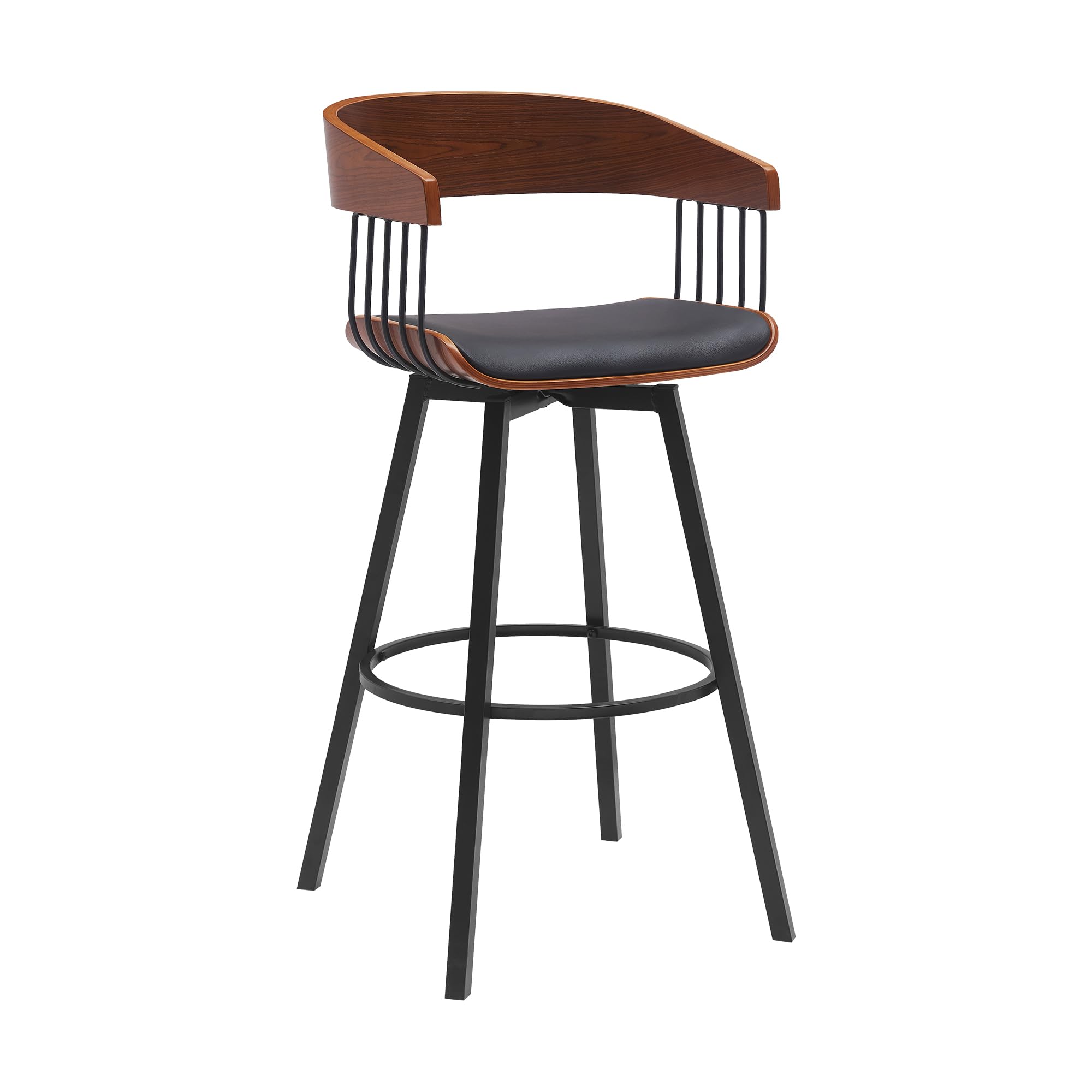 Athena Modern Swivel Walnut Wood 31" Bar Height Stool in Black Faux Leather with Black Metal