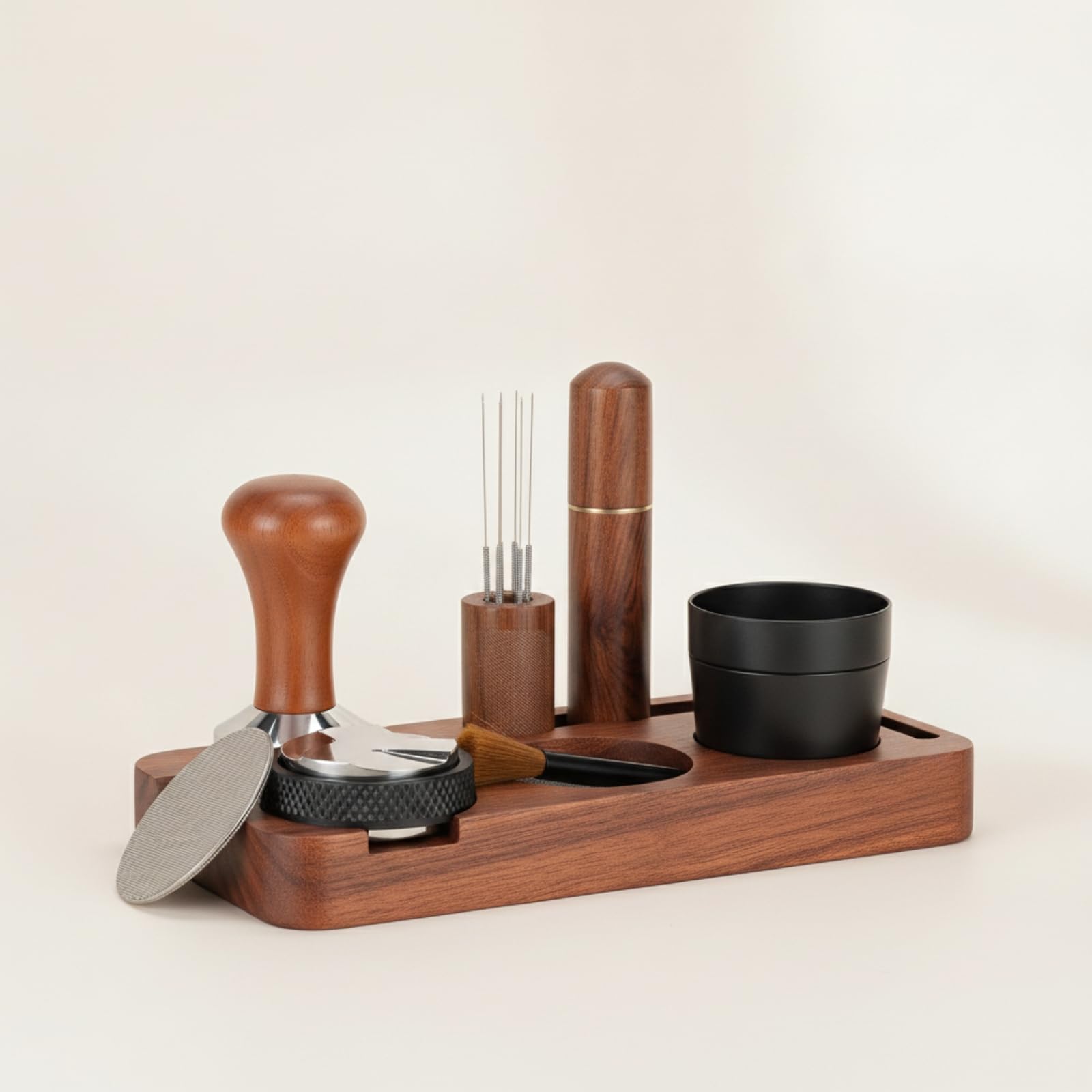 Colcolo Equipo de de Café Estación para Accesorios Espresso Kit Distribuidor Embudo Portafiltro Pantalla Puck Herramienta Pin Cepillo Profesional Madera Metal Adecuado para Oficina