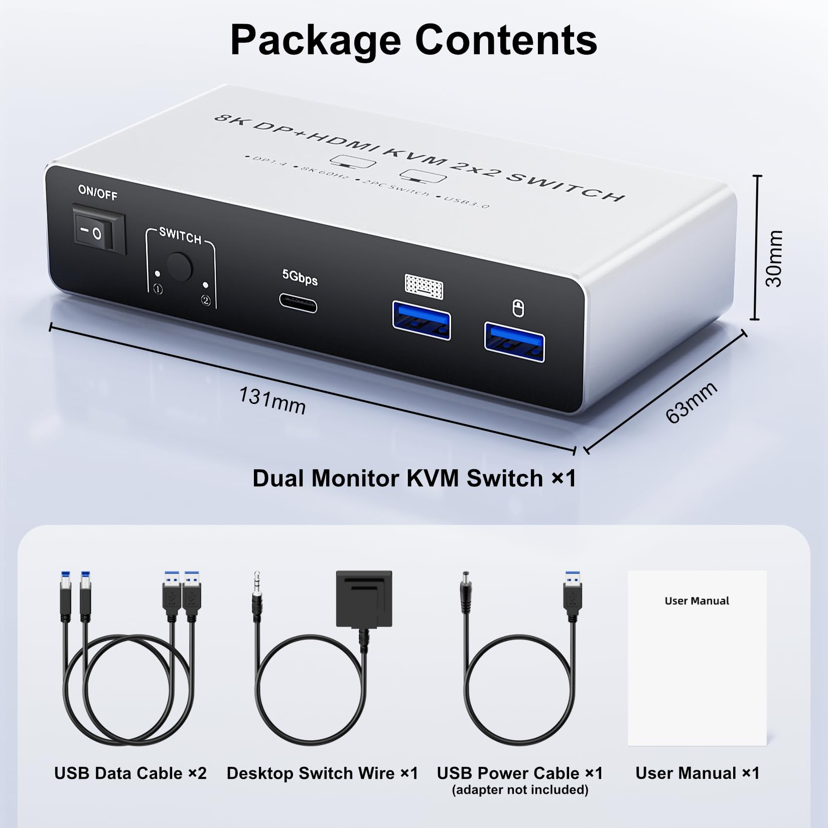 BolAAzuL Switch KVM HDMI+DP per 2 Monitor & 2 PC, 8K@60Hz 4K@120Hz HDMI 2.1 & DP1.4, Espandibile/Specchio Divide Tastiera/Mouse/USB 3.0, con Controller & 2 Cavi USB
