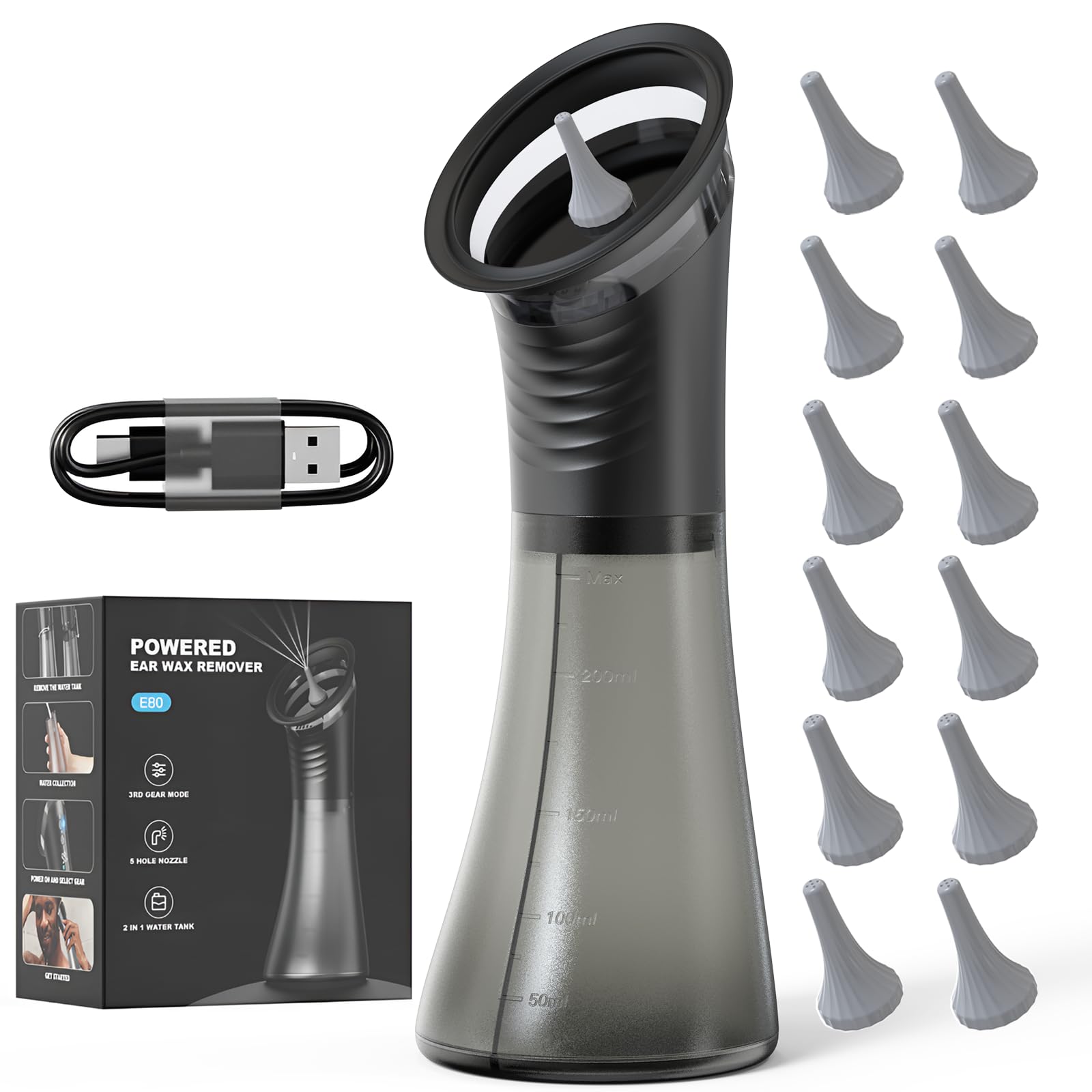 Layhou Ohrenschmalzentferner, Ohrreinigungsgerät für Erwachsene Halbtransparentes Integriertes Doppeltank-Design, IP67 wasserdicht, 3 Reinigungsmodi Aufladen über Typ-C-Anschluss Inklusive 12 Düsen
