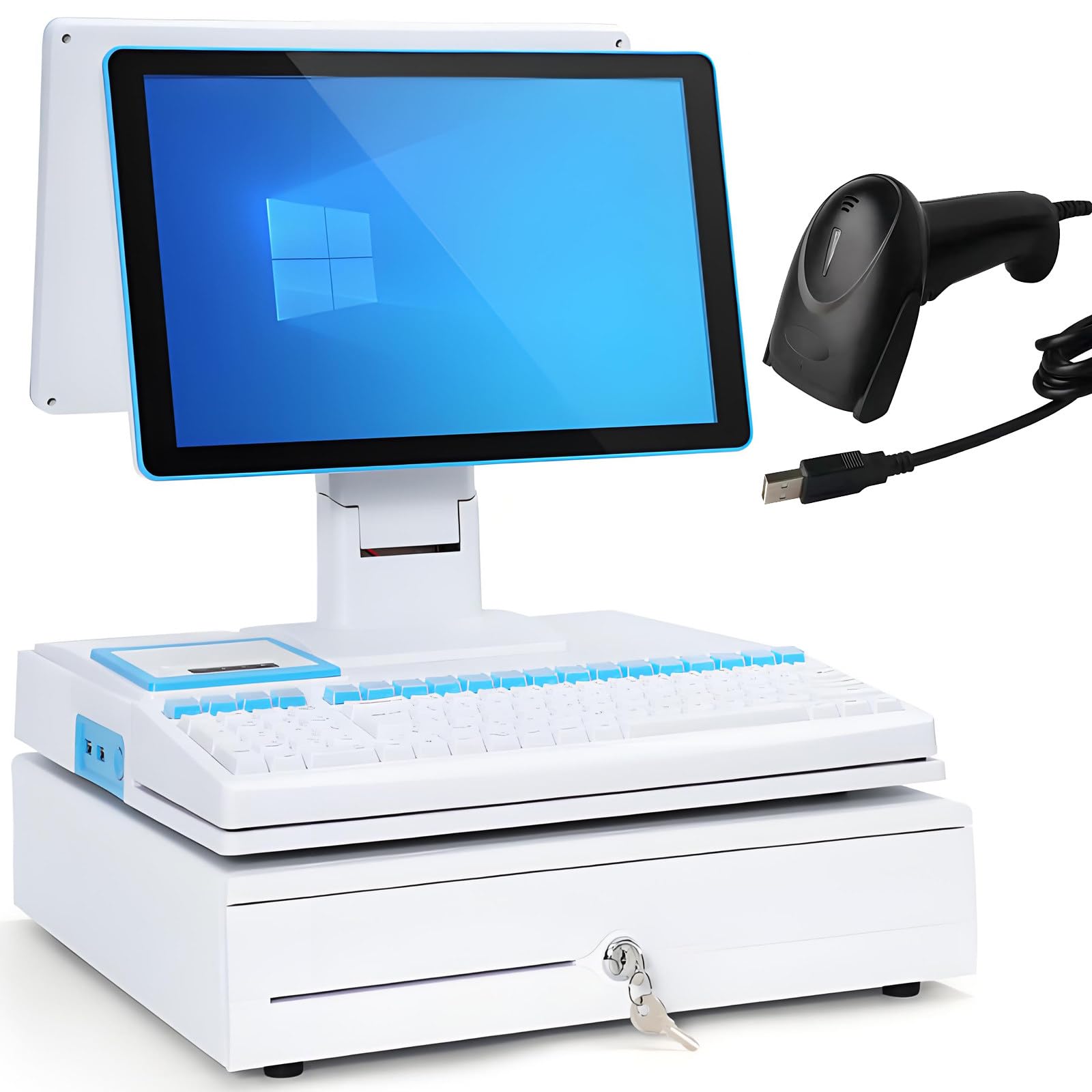 All-in-One-Smart-Kassen-POS-System, Touchscreen Kasse für Supermarkt, Kiosk & Laden – Komplett-Set mit Scanner, Kassenlade & Kundendisplay, für Kleinunternehmen, Restaurants, Einzelhandel White