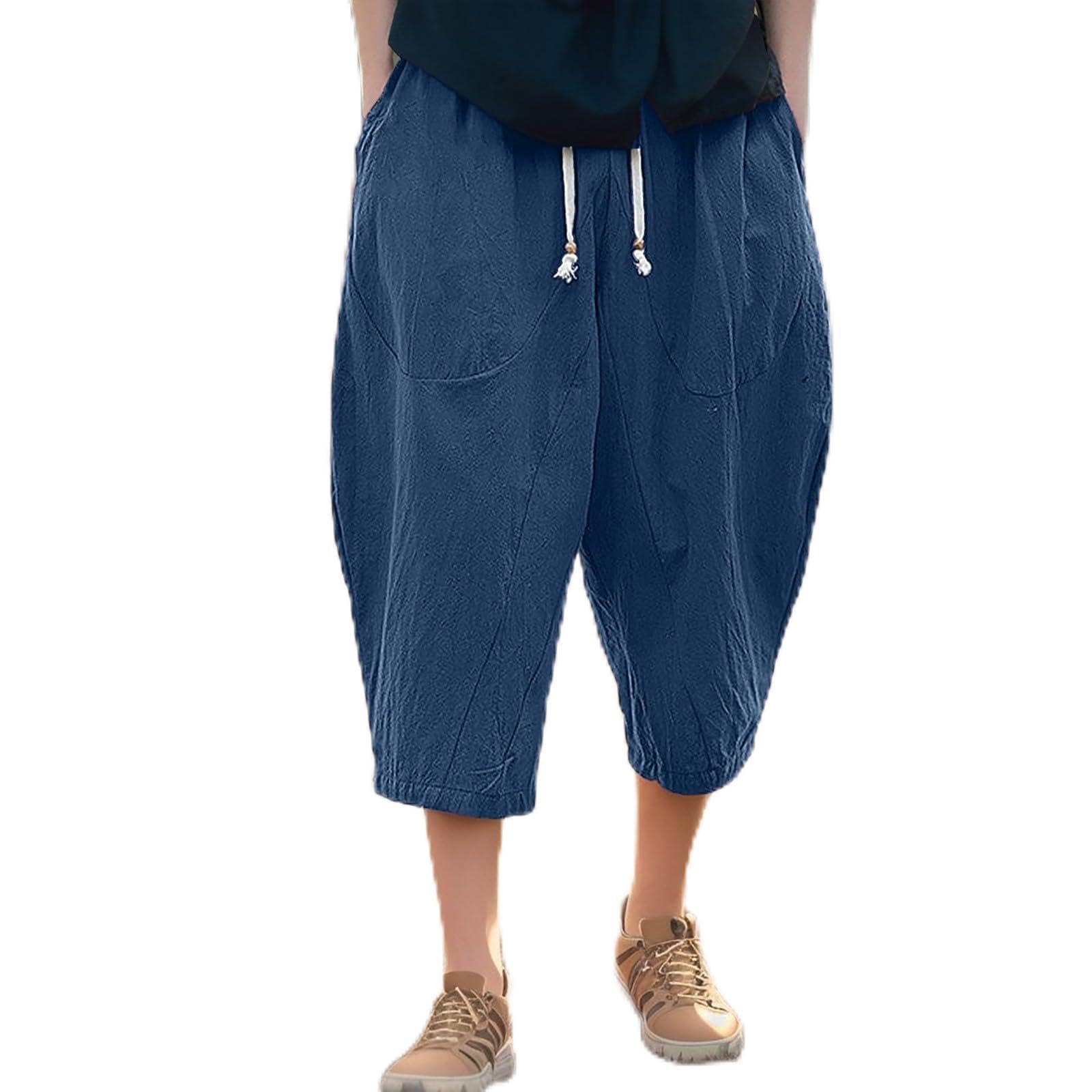 Hippie Pants Japanese Harem Men Streetwise/Hip Hop Style Wide-Leg Trousers Anime for Shorts Oversized Beach Yoga Hakama Long Plus Size with Pockets Navy