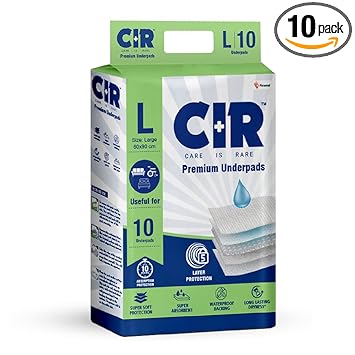 CIR Premium Underpads, Large (90x60cm) I 10 hrs Absorption Protection I 10 Units I Waterproof I Protects Surfaces from Incontinence I Super Soft Polymer x Pack of 1 - image, photos