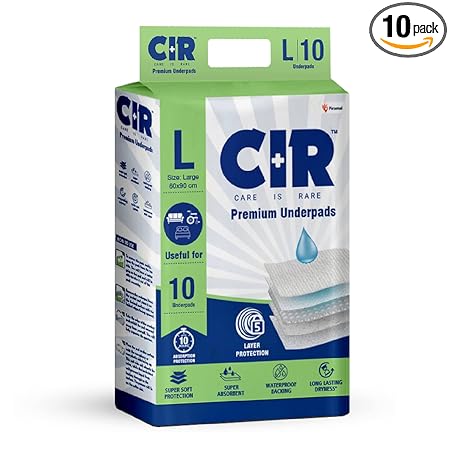 CIR Premium Underpads, Large (90x60cm) I 10 hrs Absorption Protection I 10 Units I Waterproof I Protects surfaces from incontinence I Super Soft Polymer x Pack of 1