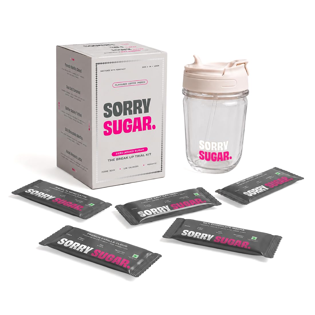 Sorry Sugar Instant Coffee Premix With Zero Added Sugar Trial Kit | 5 Café-Style Flavours Sachets | Low Calories, Prebiotic & Gut Friendly | Breakup Trail Kit for Coffee Lovers - Free Premium Tumbler-image-49