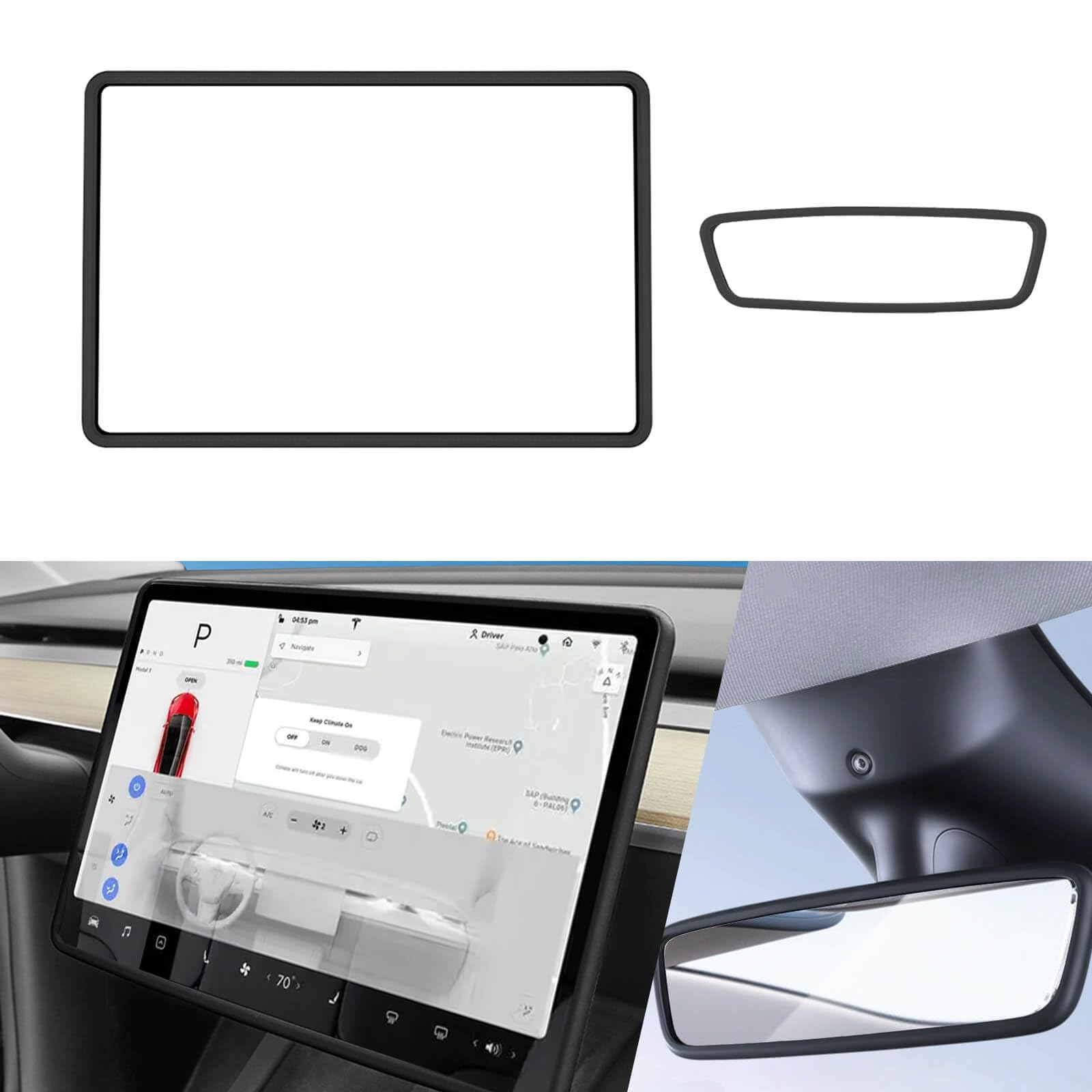 【2 in 1】heus Tesla Screen Edge Protector Frame for Tesla Model 3 Model Y Juniper 2025 2024 2023 2022 2021 2020 2019, Soft Silicone Edges Interior Accessories Center Console Bumper Protection (Black)