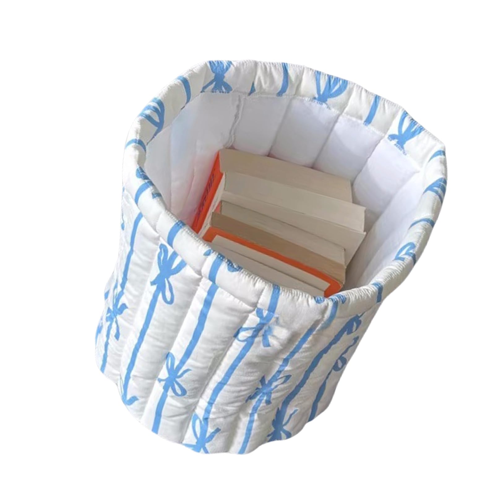 Space Saving Efficient Round Storage Basket with Quilted Bowknot Designs for Household Daily Casual Use Stylish Storage Bin