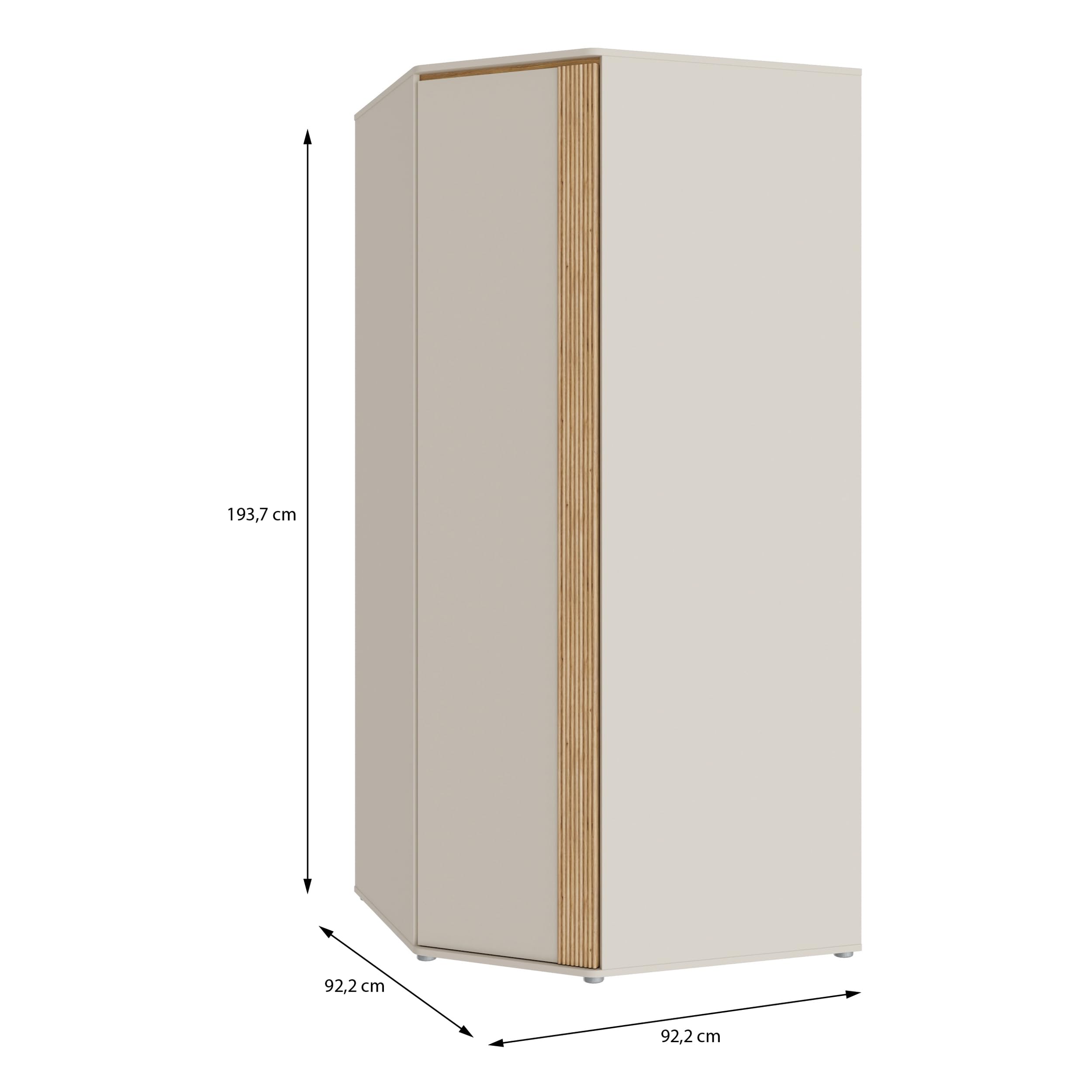 Forte WEXLIN Eckkleiderschrank 90 95, moderner Kleiderschrank mit Schranktür, Kinder- und Jugendzimmer, Kaschmir|Beige|Mauvella Eiche Holzdekor, 92,2 cm breit x 193,7 cm hoch x 92,2 cm tief