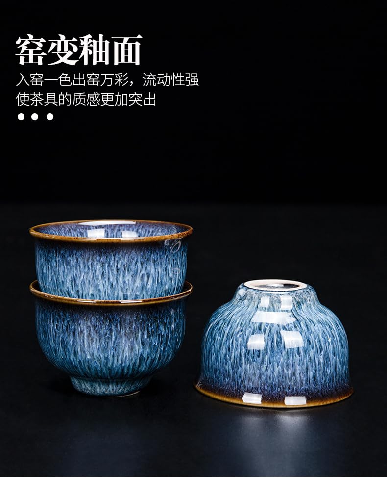 Image of Kiln Glaze Ceramic Tea Set Gift Box (9-Piece), 10oz Teapot, Fairness Cup, Strainer & 6 Tea Cups Kiln-Transformed Glaze in Ocean Blue, Chinese Artisan Tea Collection (Set blue)