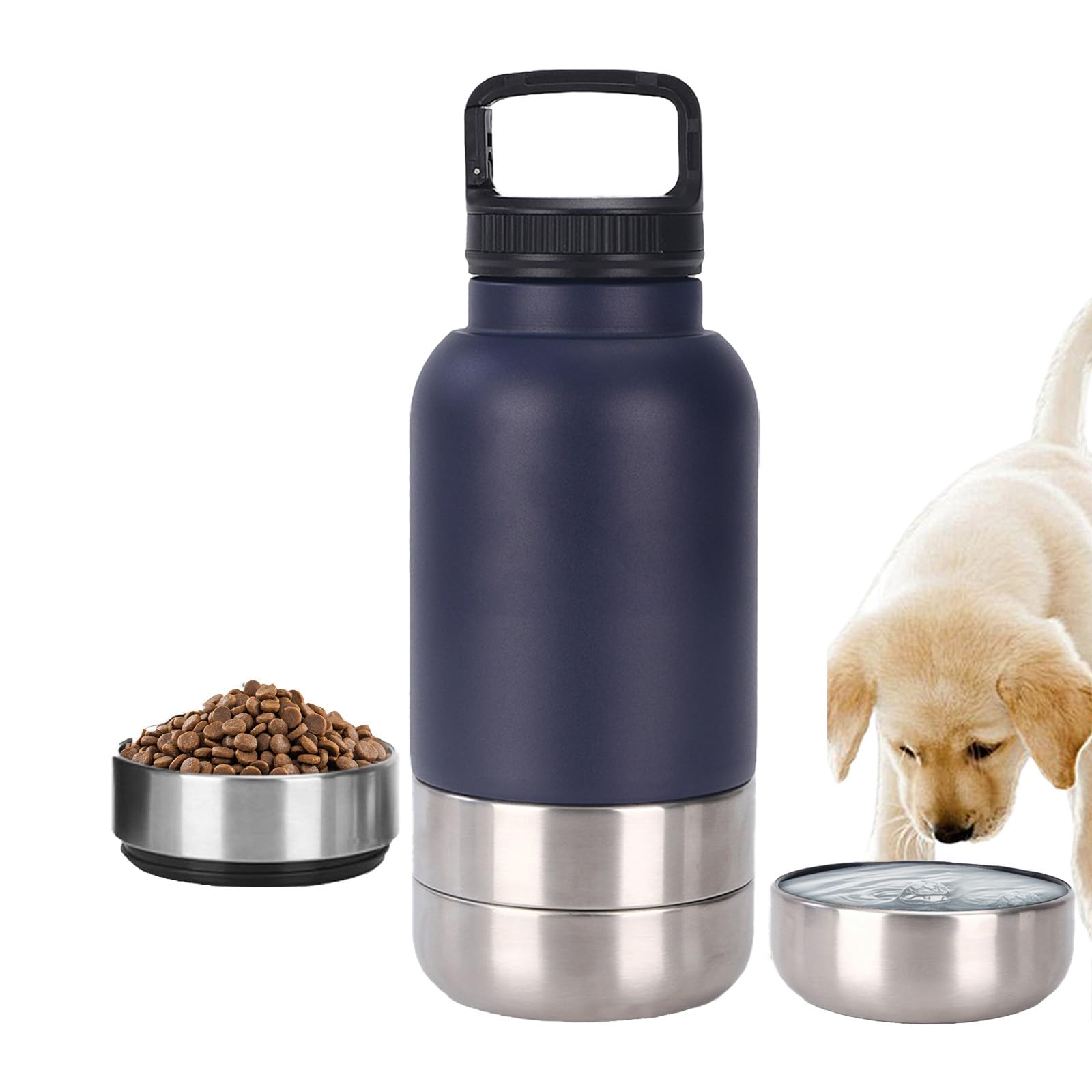 lopituwe Insulated Portable Dog Water Bottle with 2 Food Container 3 in 1 Stainless Steel Pet Drinking Bottle 1L Multifunctional Dog Travel Water Bowl For Outdoor, Travel, Walking, Hiking(Dark blue)
