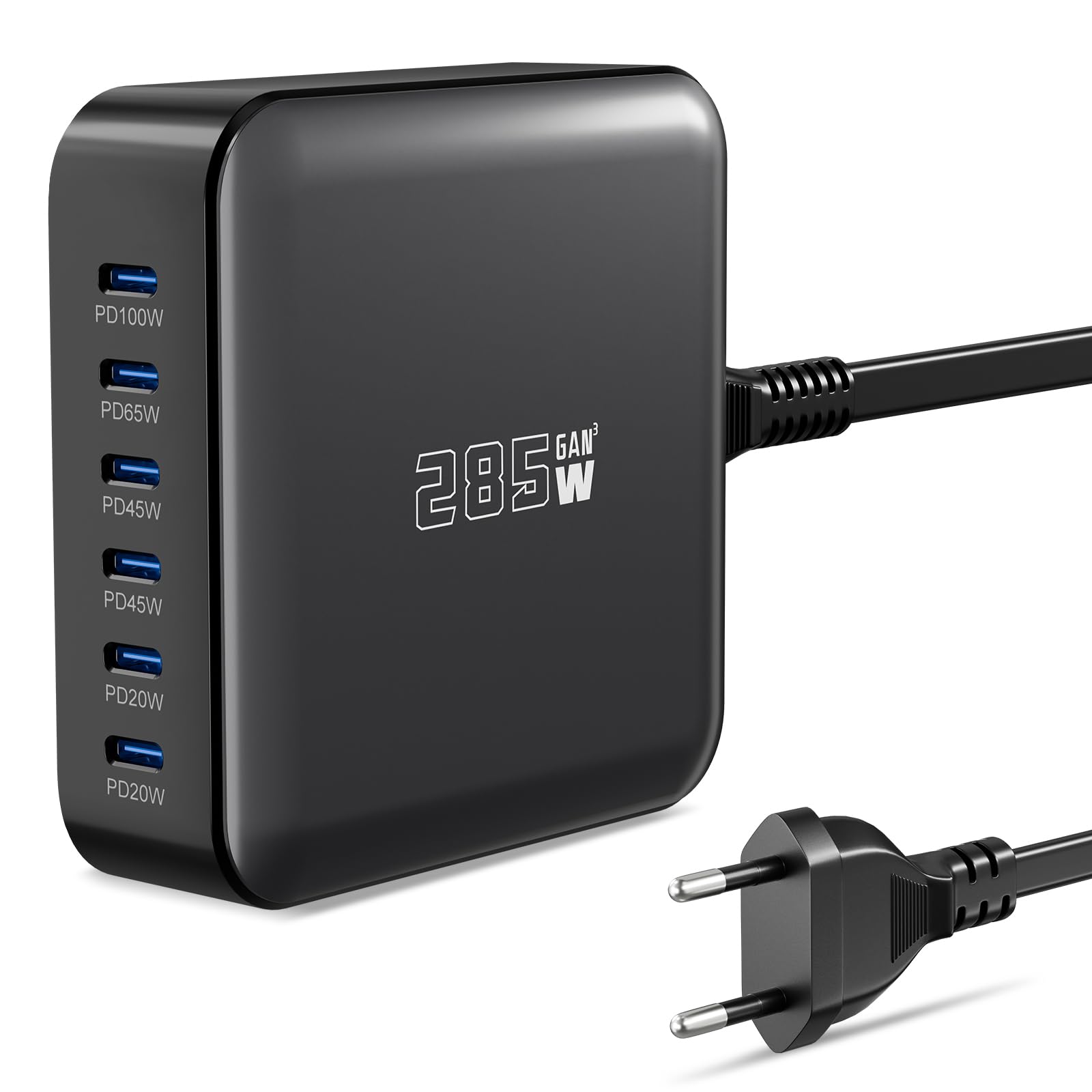 285W USB C Ladegerät, PD 100 W + 65 W Schnellladegerät 6 Port Ladestation GaN-III Charger, Netzteile Kompatibel mit MacBook Pro/Air, Dell XPS, iPhone 15/16/14/Pro, Samsung, Xiaomi, iPads, Steam Deck