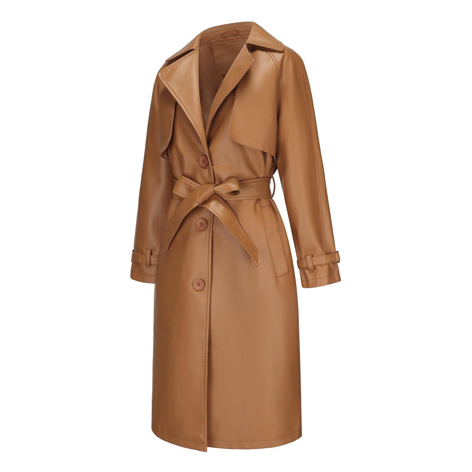 Trench da donna in ecopelle PU giacca lunga con cintura con risvolto dentellato monopetto moda autunno