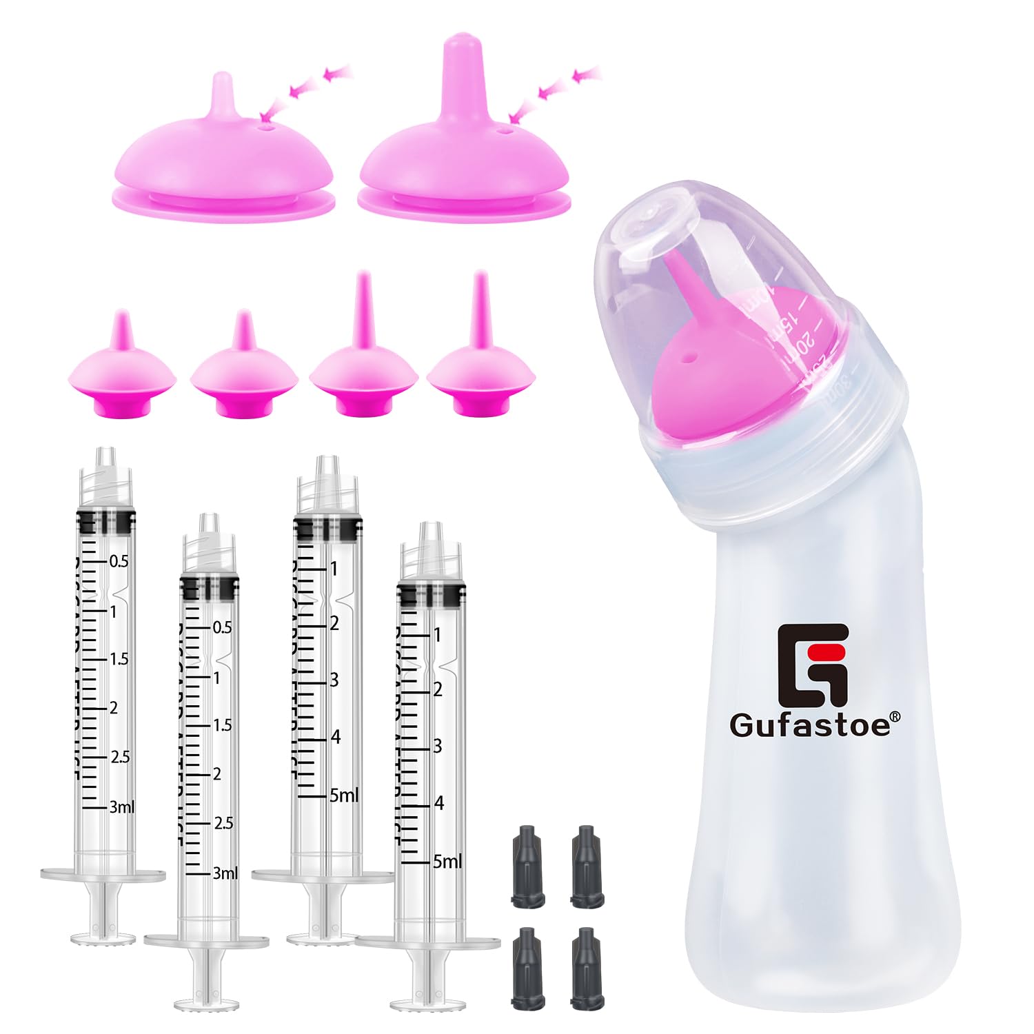 Gufastoe Puppy Bottle, Pet Feeding Nipple and Syringes, Kitten Bottles for Breastfeeding Kit for Puppies Dogs Cats or Other Newborn Pets, Pack of 15 (Pink)