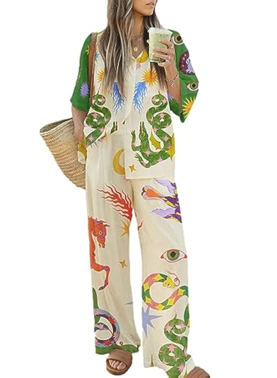 Women's Summer Printed Short Sleeve Button Down Drawstring Two Piece Pajama Set